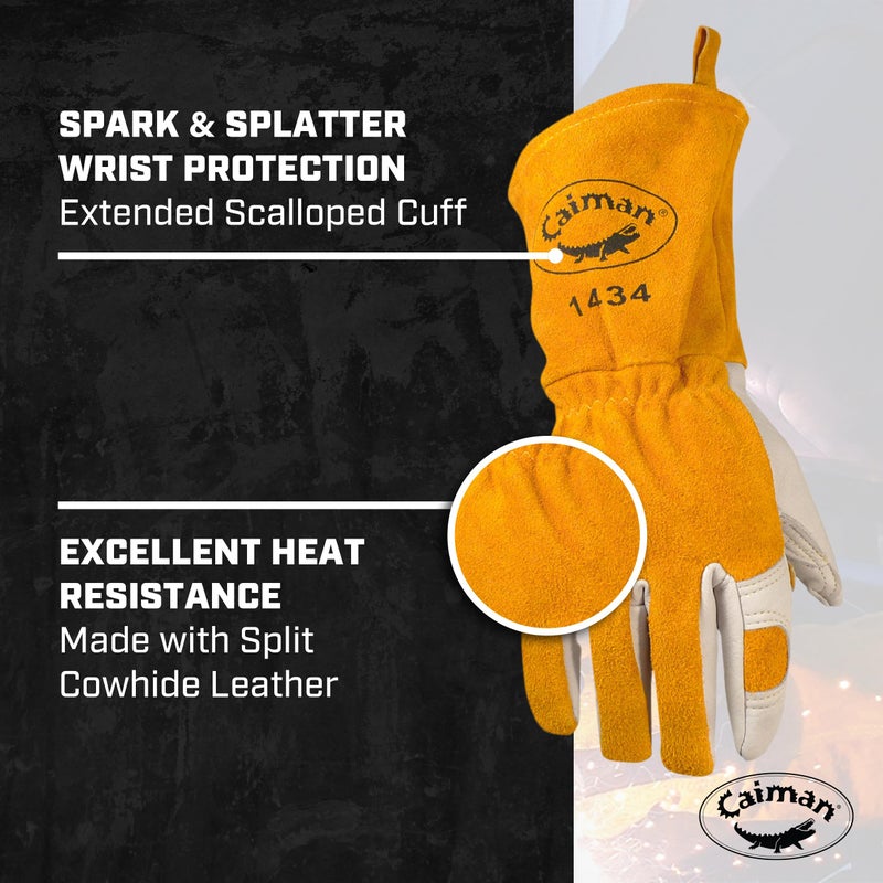 Caiman Premium Cow Grain MIG/Stick Welding Gloves, Cotton/Fleece Insulation, Kontour Design, White/Gold, Large (1434-5) - Image 5
